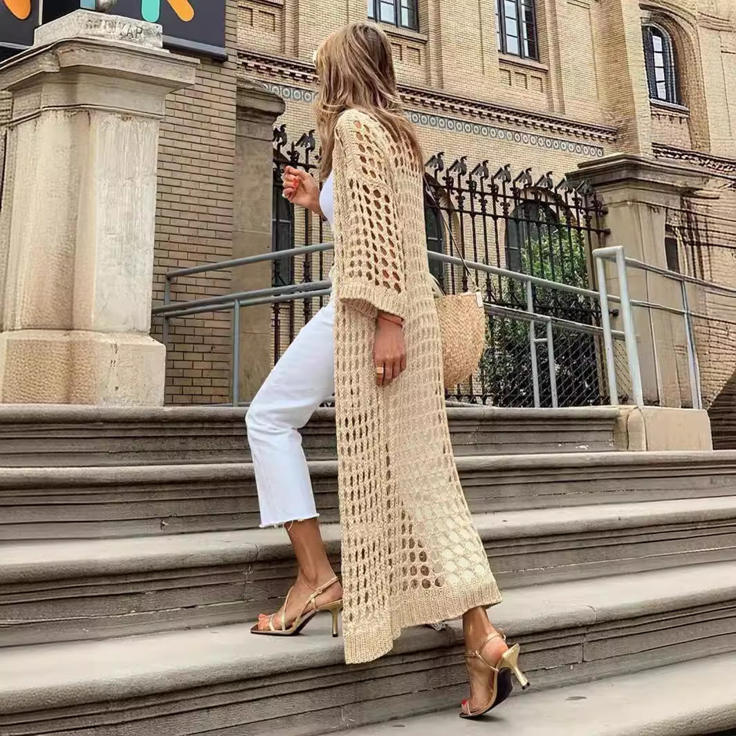 Lange Netz-Strickjacke